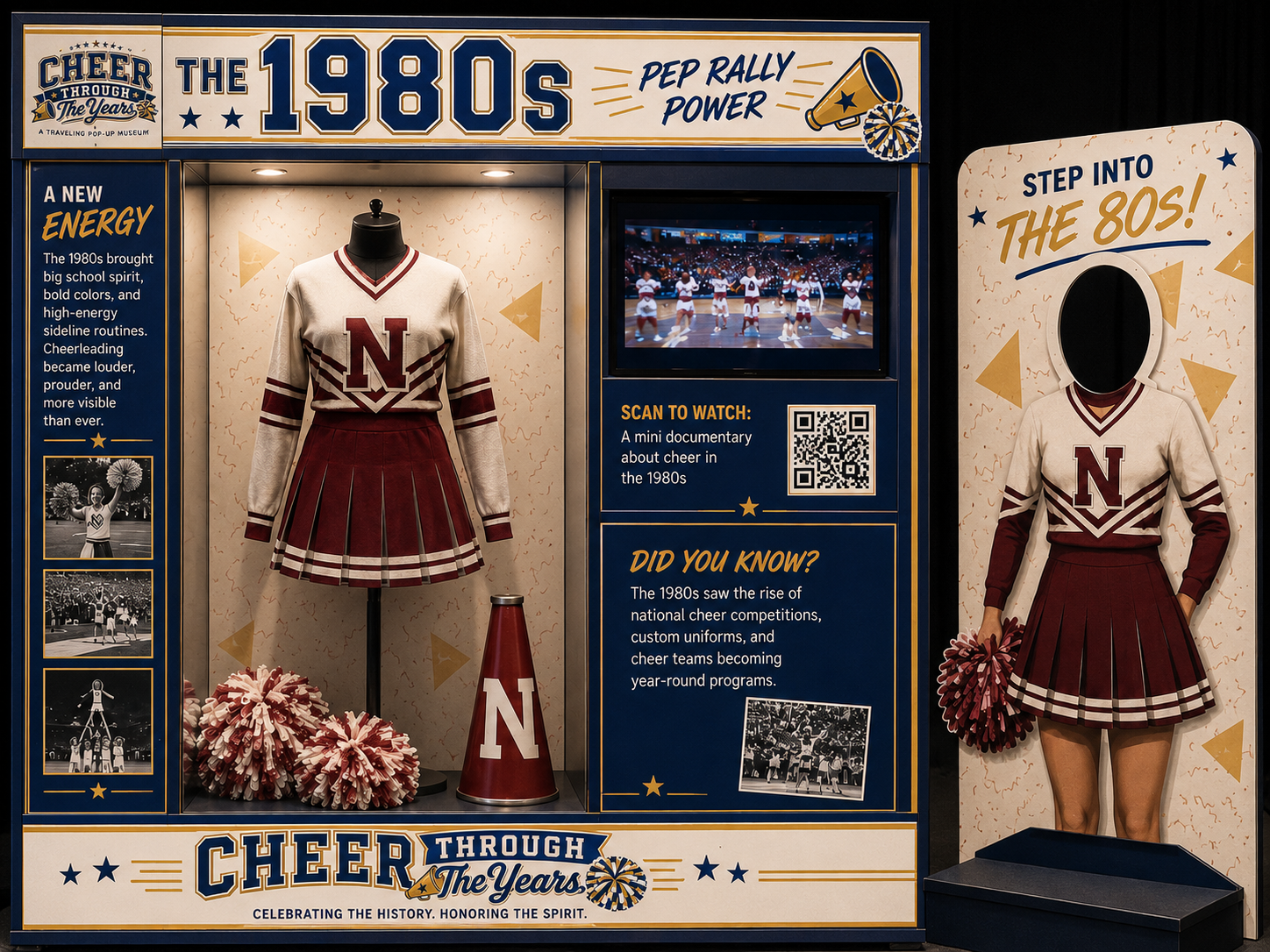 1980s decade display pod with Cheer Through The Years branding